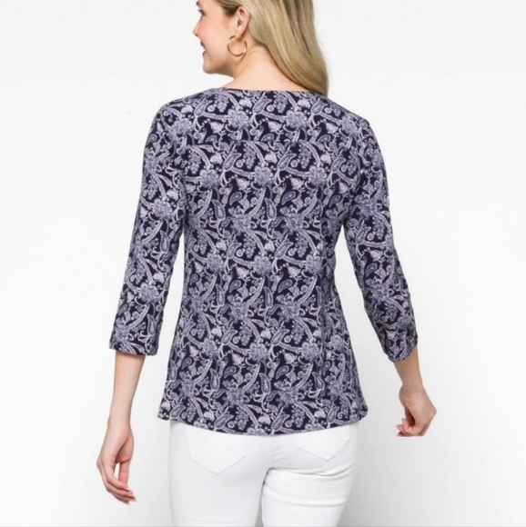 MAGNOLIA GRACE NWOT Navy & White Paisley Blouse Size M - Picture 2 of 7